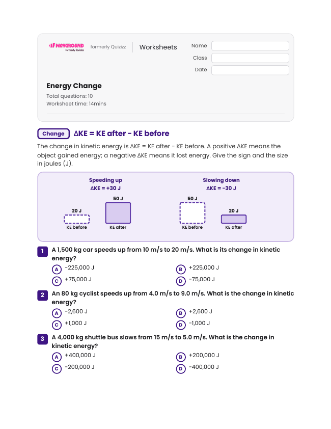 Energy Change - Printable Kinetic-energy Worksheets Grade 9 - Wayground