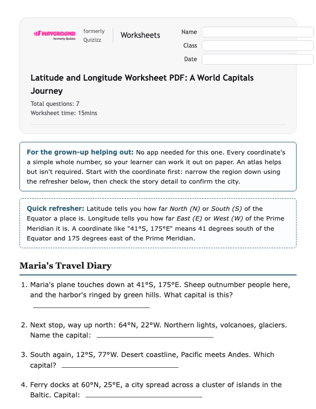 Latitude and Longitude Worksheet PDF: A World Capitals Journey - Có thể in Vĩ-độ-và-kinh-độ Phiếu-bài-tập Lớp 4 - Quizizz