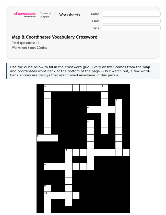 Map & Coordinates Vocabulary Crossword - Có thể in Vĩ-độ-và-kinh-độ Phiếu-bài-tập Lớp 4 - Quizizz