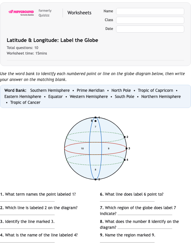 Latitude & Longitude: Label the Globe - Có thể in Vĩ-độ-và-kinh-độ Phiếu-bài-tập Lớp 4 - Quizizz