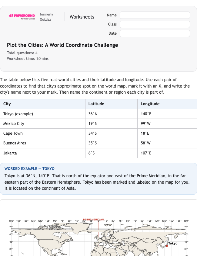 Plot the Cities: A World Coordinate Challenge - Có thể in Vĩ-độ-và-kinh-độ Phiếu-bài-tập Lớp 4 - Quizizz
