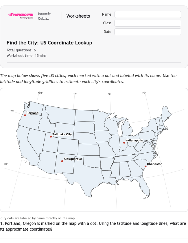 Find the City: US Coordinate Lookup - Có thể in Vĩ-độ-và-kinh-độ Phiếu-bài-tập Lớp 4 - Quizizz