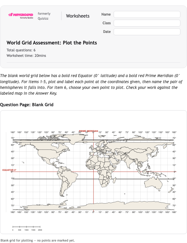 World Grid Assessment: Plot the Points - Có thể in Vĩ-độ-và-kinh-độ Phiếu-bài-tập Lớp 4 - Quizizz