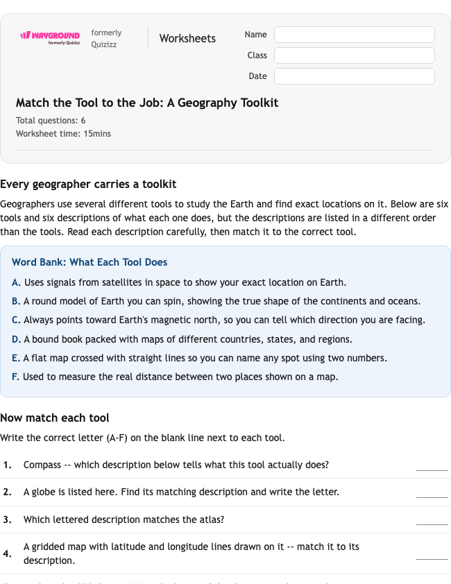 Match the Tool to the Job: A Geography Toolkit - Có thể in Vĩ-độ-và-kinh-độ Phiếu-bài-tập Lớp 4 - Quizizz