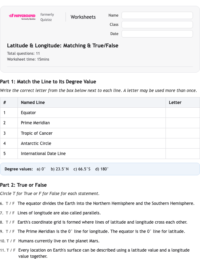 Latitude & Longitude: Matching & True/False - Có thể in Vĩ-độ-và-kinh-độ Phiếu-bài-tập Lớp 5 - Quizizz