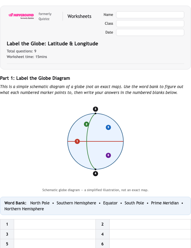 Label the Globe: Latitude & Longitude - Có thể in Vĩ-độ-và-kinh-độ Phiếu-bài-tập Lớp 5 - Quizizz