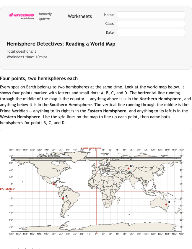 Hemisphere Detectives: Reading a World Map - Có thể in Vĩ-độ-và-kinh-độ Phiếu-bài-tập Lớp 5 - Quizizz