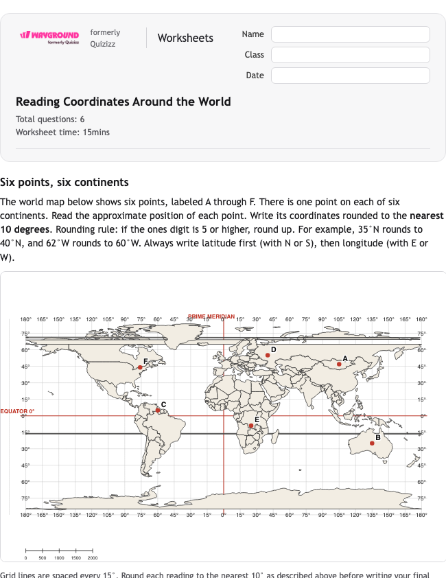 Reading Coordinates Around the World - Có thể in Vĩ-độ-và-kinh-độ Phiếu-bài-tập Lớp 5 - Quizizz