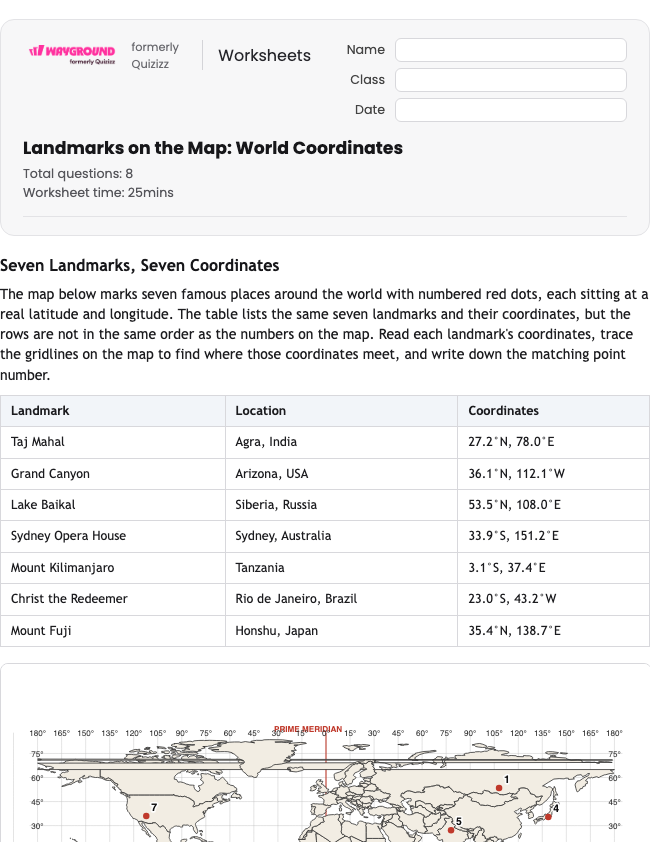 Landmarks on the Map: World Coordinates - Có thể in Vĩ-độ-và-kinh-độ Phiếu-bài-tập Lớp 5 - Quizizz