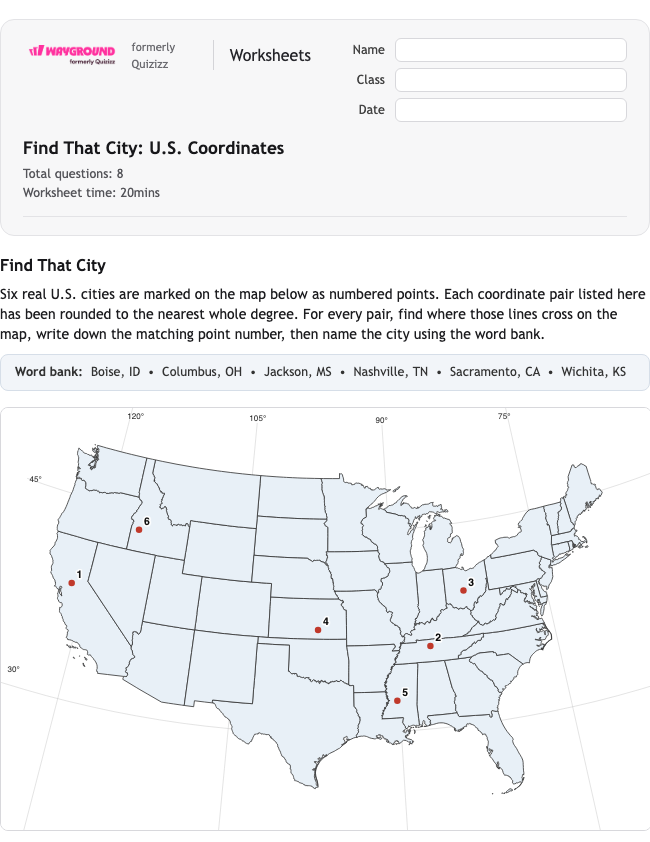 Find That City: U.S. Coordinates - Có thể in Vĩ-độ-và-kinh-độ Phiếu-bài-tập Lớp 5 - Quizizz