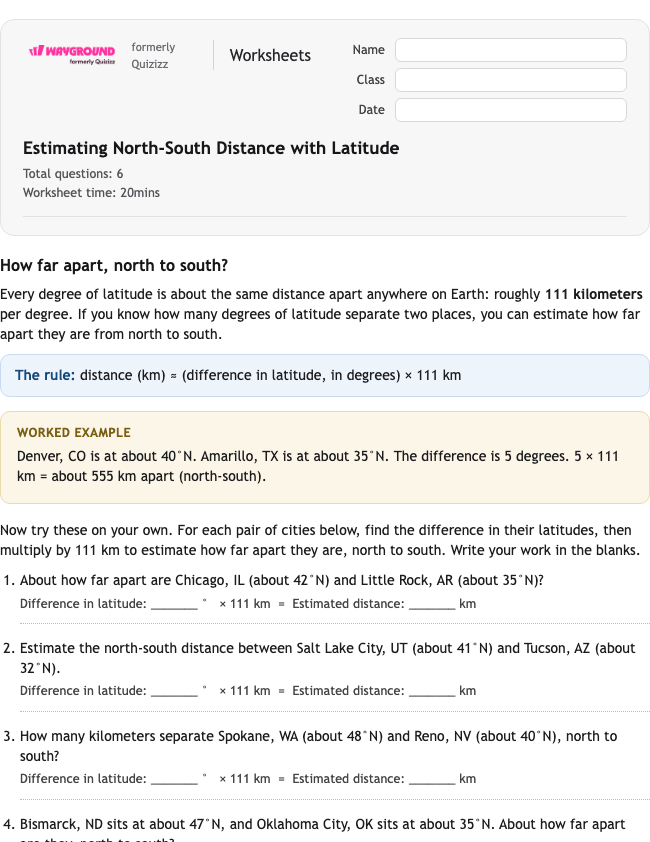 Estimating North-South Distance with Latitude - Có thể in Vĩ-độ-và-kinh-độ Phiếu-bài-tập Lớp 5 - Quizizz