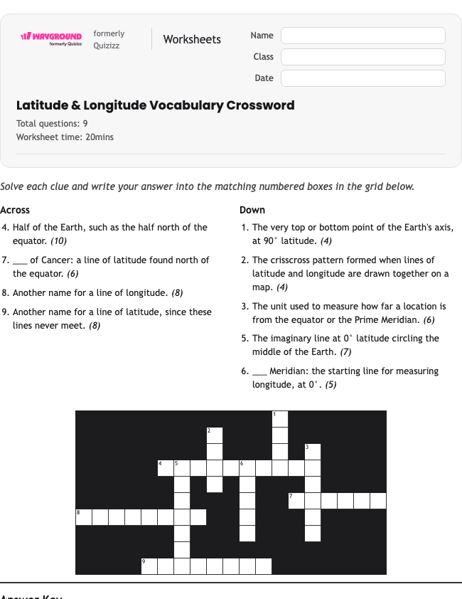Latitude & Longitude Vocabulary Crossword - Có thể in Vĩ-độ-và-kinh-độ Phiếu-bài-tập Lớp 5 - Quizizz