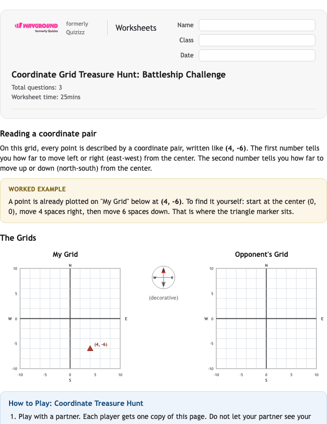 Coordinate Grid Treasure Hunt: Battleship Challenge - Có thể in Vĩ-độ-và-kinh-độ Phiếu-bài-tập Lớp 5 - Quizizz