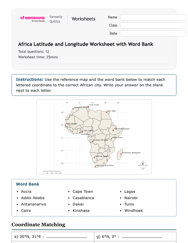 Africa Latitude and Longitude Worksheet with Word Bank - Có thể in Vĩ-độ-và-kinh-độ Phiếu-bài-tập Lớp 6 - Quizizz