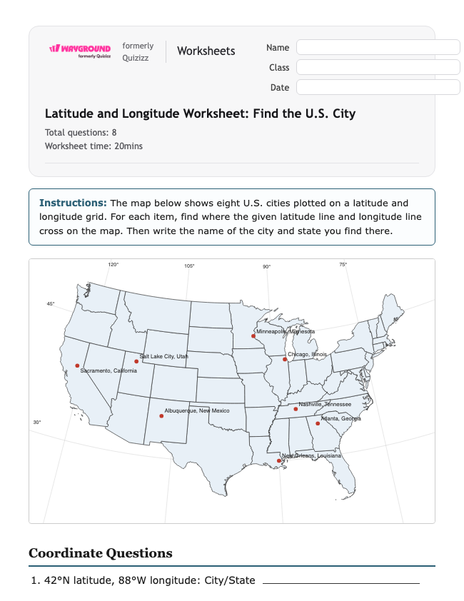Latitude and Longitude Worksheet: Find the U.S. City - Có thể in Vĩ-độ-và-kinh-độ Phiếu-bài-tập Lớp 6 - Quizizz