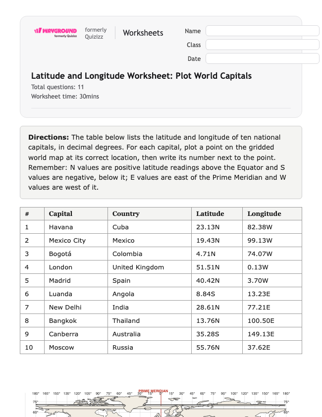 Latitude and Longitude Worksheet: Plot World Capitals - Có thể in Vĩ-độ-và-kinh-độ Phiếu-bài-tập Lớp 6 - Quizizz