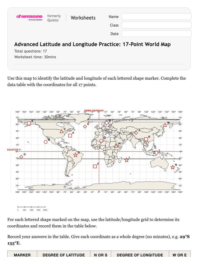 Advanced Latitude and Longitude Practice: 17-Point World Map - Có thể in Vĩ-độ-và-kinh-độ Phiếu-bài-tập Lớp 6 - Quizizz