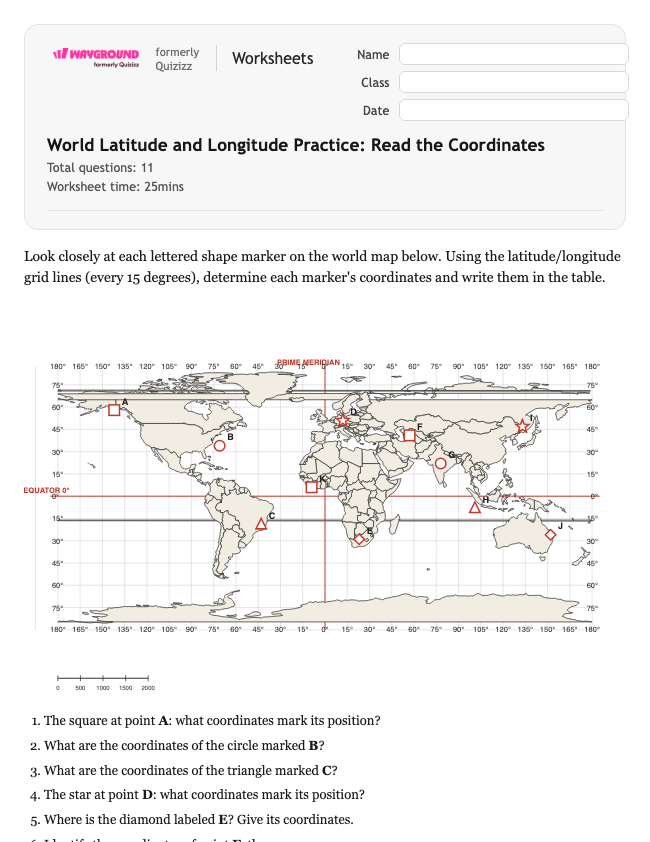 World Latitude and Longitude Practice: Read the Coordinates - Có thể in Vĩ-độ-và-kinh-độ Phiếu-bài-tập Lớp 6 - Quizizz