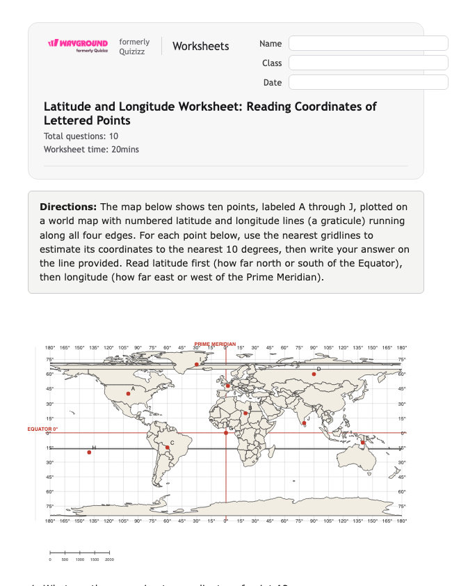 Latitude and Longitude Worksheet: Reading Coordinates of Lettered Points - Có thể in Vĩ-độ-và-kinh-độ Phiếu-bài-tập Lớp 6 - Quizizz