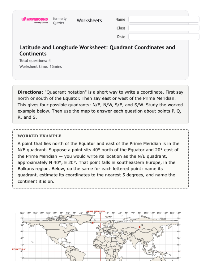 Latitude and Longitude Worksheet: Quadrant Coordinates and Continents - Có thể in Vĩ-độ-và-kinh-độ Phiếu-bài-tập Lớp 6 - Quizizz