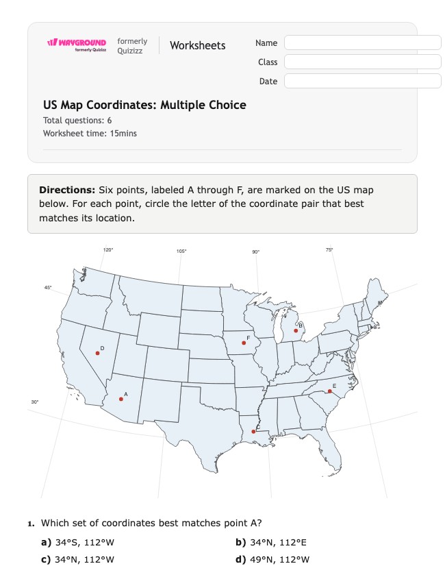 US Map Coordinates: Multiple Choice - Có thể in Vĩ-độ-và-kinh-độ Phiếu-bài-tập Lớp 6 - Quizizz