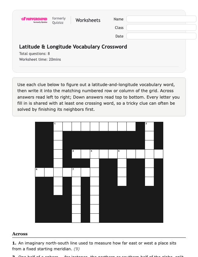 Latitude and Longitude Vocabulary Crossword - Có thể in Vĩ-độ-và-kinh-độ Phiếu-bài-tập Lớp 6 - Quizizz
