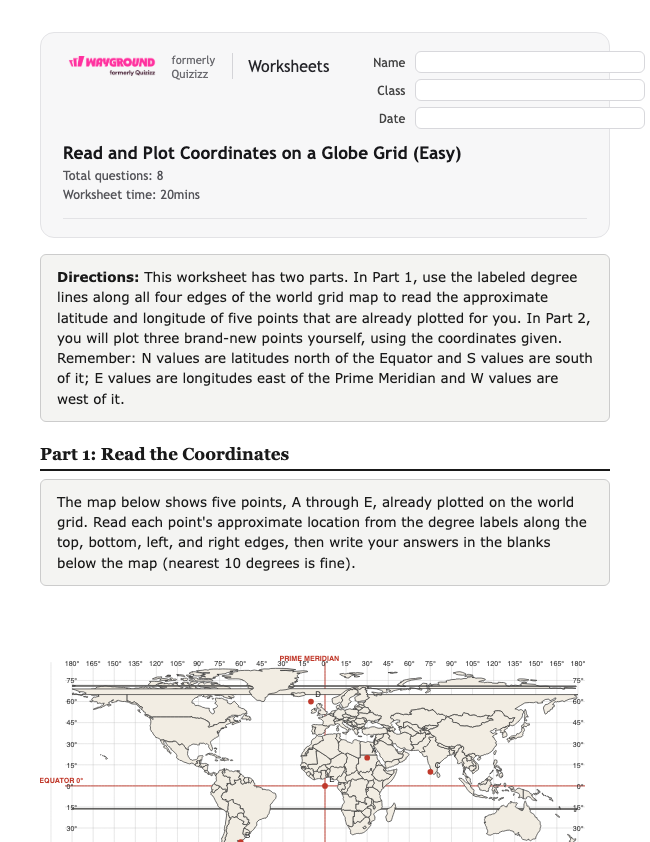 Latitude and Longitude Worksheet: Read and Plot Points on a Globe Grid (Easy) - Có thể in Vĩ-độ-và-kinh-độ Phiếu-bài-tập Lớp 6 - Quizizz