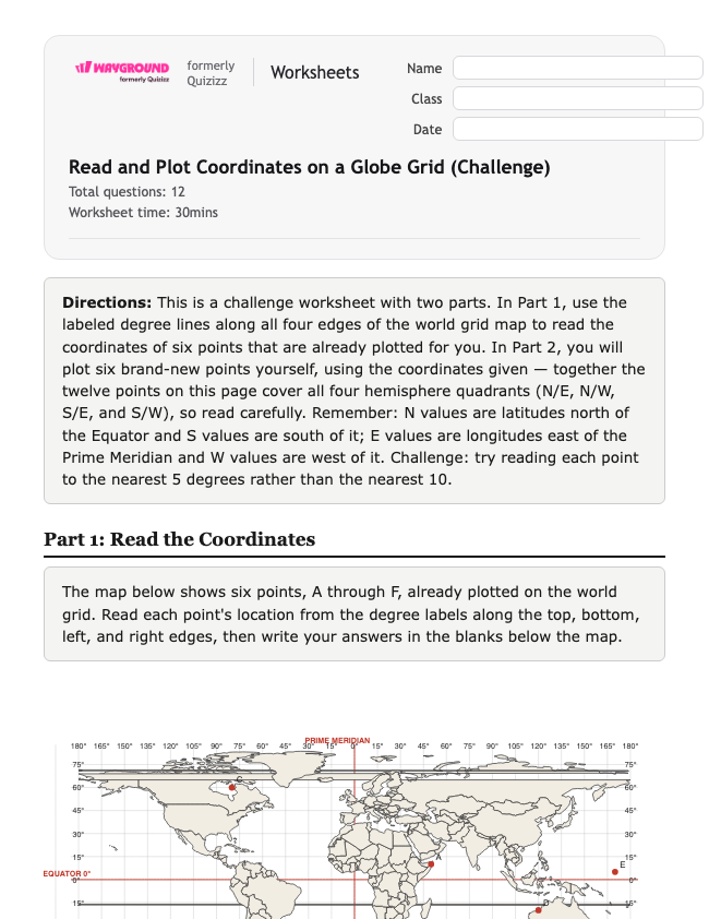 Latitude and Longitude Worksheet: Read and Plot Points on a Globe Grid (Challenge) - Có thể in Vĩ-độ-và-kinh-độ Phiếu-bài-tập Lớp 6 - Quizizz