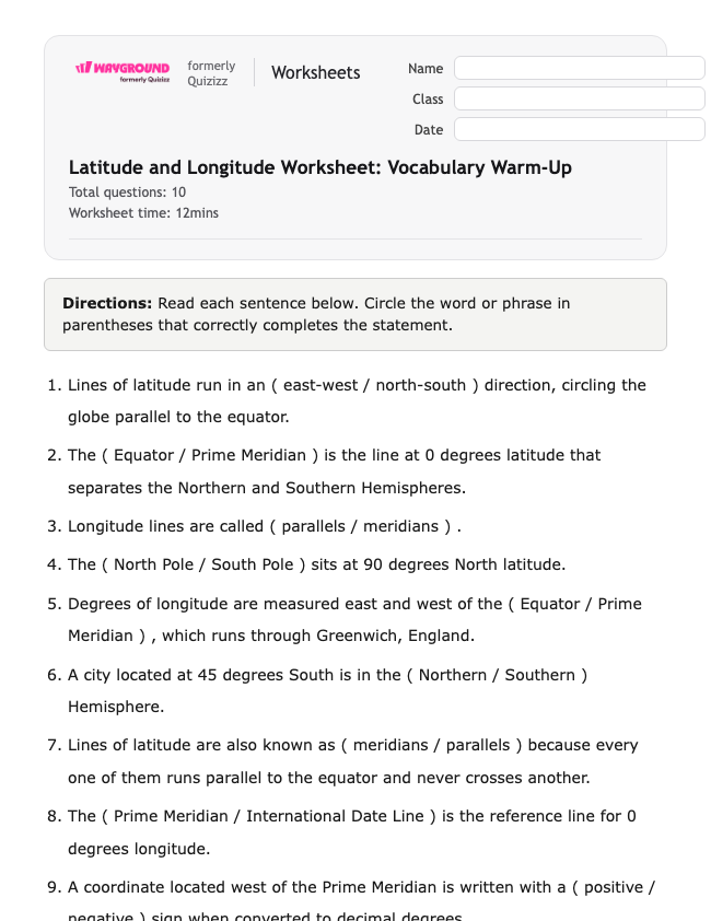 Latitude and Longitude Worksheet: Vocabulary Warm-Up - Có thể in Vĩ-độ-và-kinh-độ Phiếu-bài-tập Lớp 7 - Quizizz