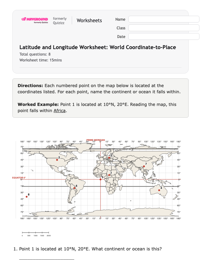Latitude and Longitude Worksheet: World Coordinate-to-Place - Có thể in Vĩ-độ-và-kinh-độ Phiếu-bài-tập Lớp 7 - Quizizz