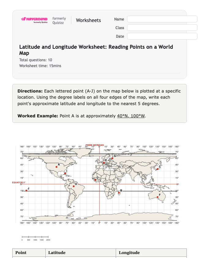 Latitude and Longitude Worksheet: Reading Points on a World Map - Có thể in Vĩ-độ-và-kinh-độ Phiếu-bài-tập Lớp 7 - Quizizz