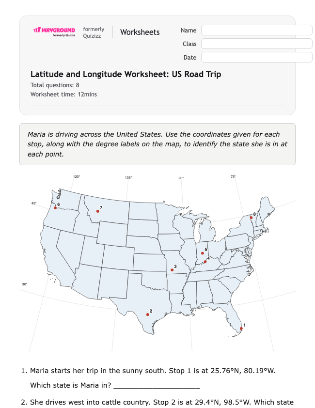 Latitude and Longitude Worksheet: US Road Trip - Có thể in Vĩ-độ-và-kinh-độ Phiếu-bài-tập Lớp 7 - Quizizz