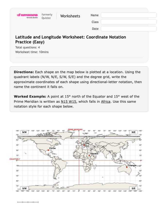 Latitude and Longitude Worksheet: Coordinate Notation Practice (Easy) - Có thể in Vĩ-độ-và-kinh-độ Phiếu-bài-tập Lớp 7 - Quizizz