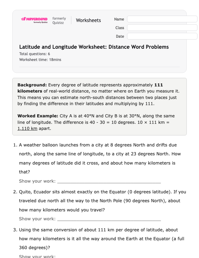 Latitude and Longitude Worksheet: Distance Word Problems - Có thể in Vĩ-độ-và-kinh-độ Phiếu-bài-tập Lớp 7 - Quizizz
