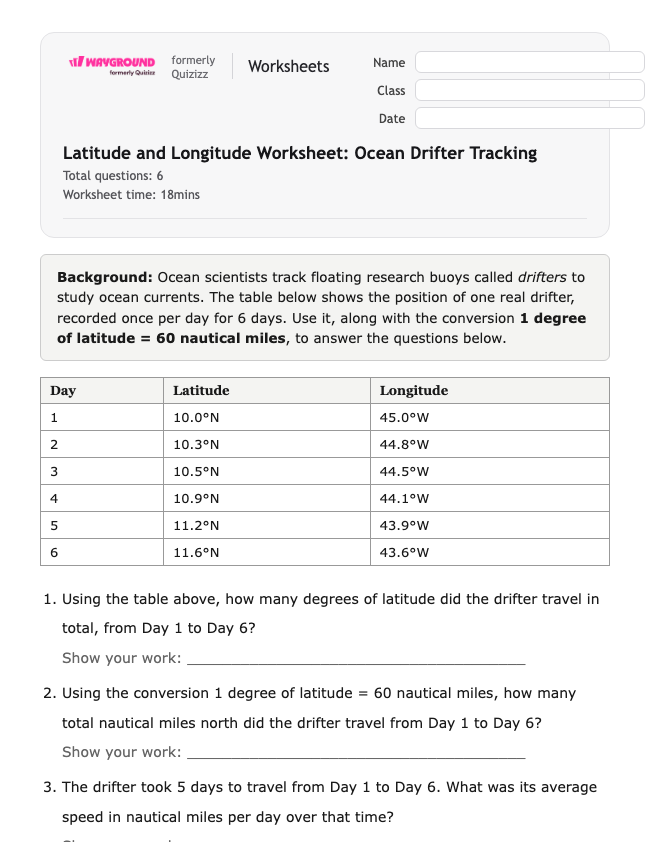 Latitude and Longitude Worksheet: Ocean Drifter Tracking - Có thể in Vĩ-độ-và-kinh-độ Phiếu-bài-tập Lớp 7 - Quizizz