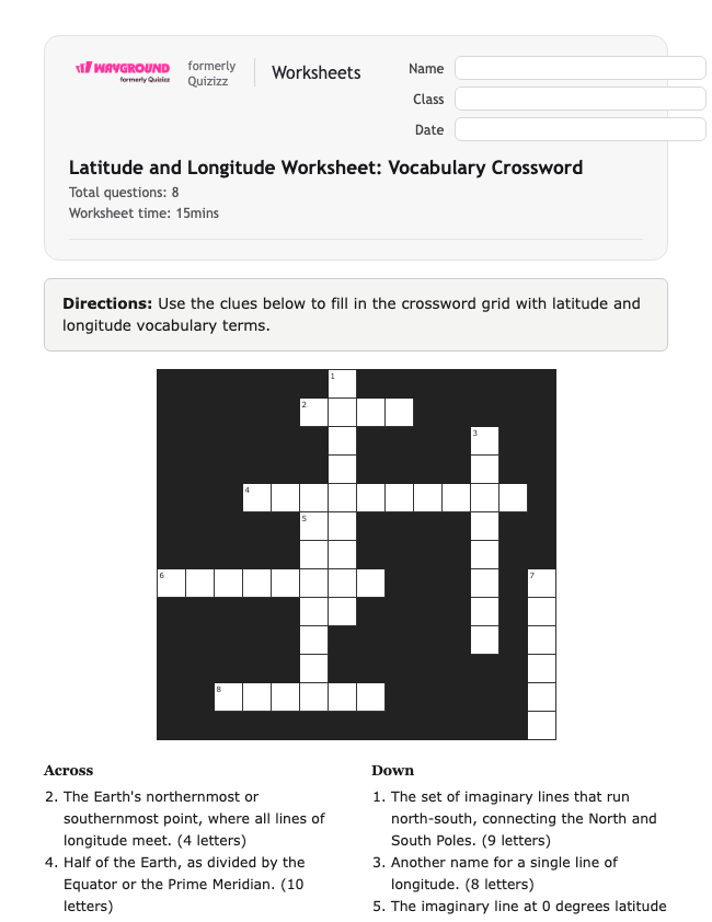 Latitude and Longitude Worksheet: Vocabulary Crossword - Có thể in Vĩ-độ-và-kinh-độ Phiếu-bài-tập Lớp 7 - Quizizz