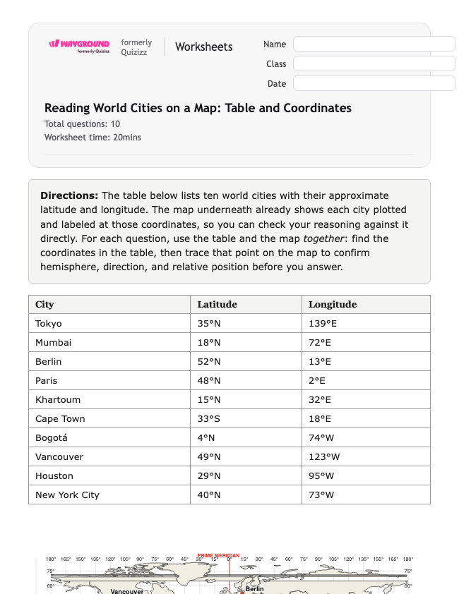 Reading World Cities on a Map: Table and Coordinates - Có thể in Vĩ-độ-và-kinh-độ Phiếu-bài-tập Lớp 8 - Quizizz