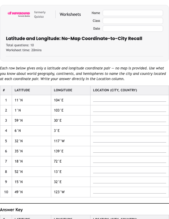 Latitude and Longitude: No-Map Coordinate-to-City Recall - Có thể in Vĩ-độ-và-kinh-độ Phiếu-bài-tập Lớp 8 - Quizizz