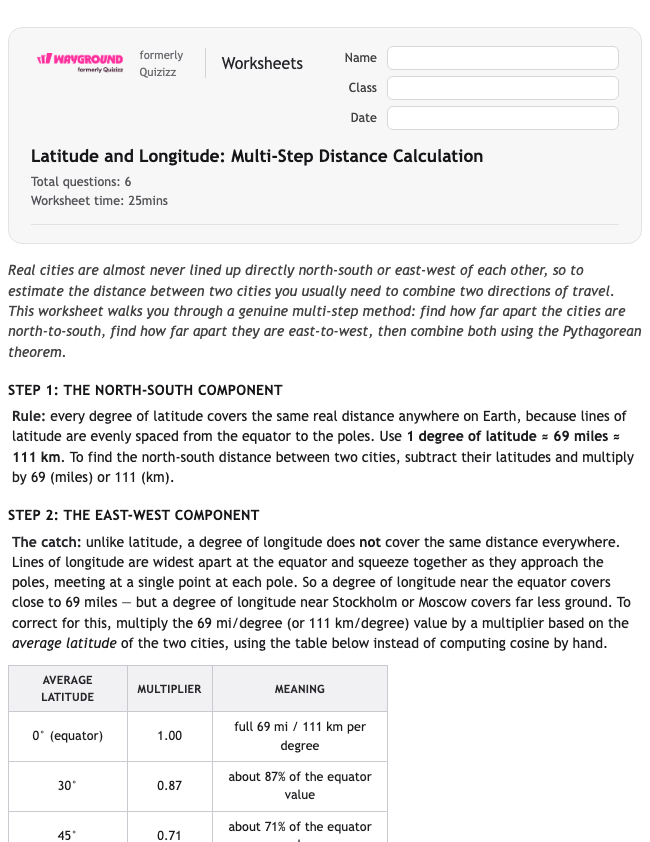 Latitude and Longitude: Multi-Step Distance Calculation - Có thể in Vĩ-độ-và-kinh-độ Phiếu-bài-tập Lớp 8 - Quizizz