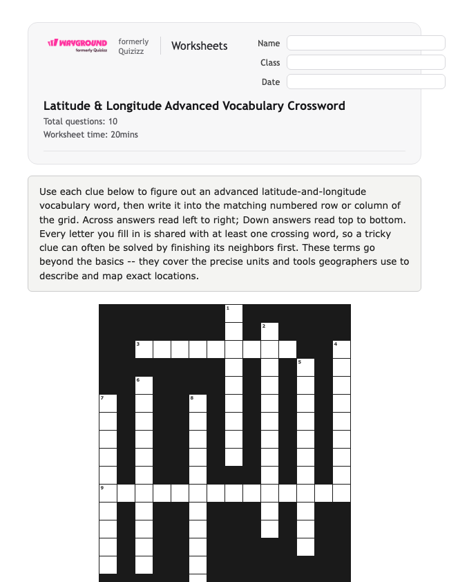 Latitude and Longitude Advanced Vocabulary Crossword - Có thể in Vĩ-độ-và-kinh-độ Phiếu-bài-tập Lớp 8 - Quizizz