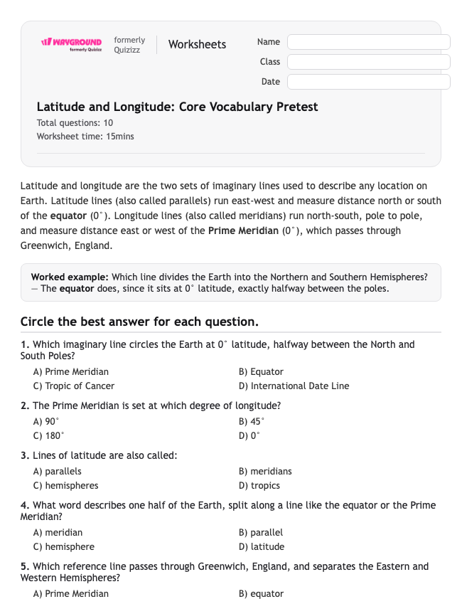 Latitude and Longitude: Core Vocabulary Pretest - Có thể in Vĩ-độ-và-kinh-độ Phiếu-bài-tập - Quizizz