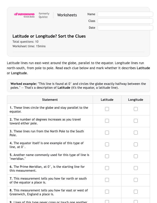 Latitude or Longitude? Sort the Clues - Có thể in Vĩ-độ-và-kinh-độ Phiếu-bài-tập - Quizizz