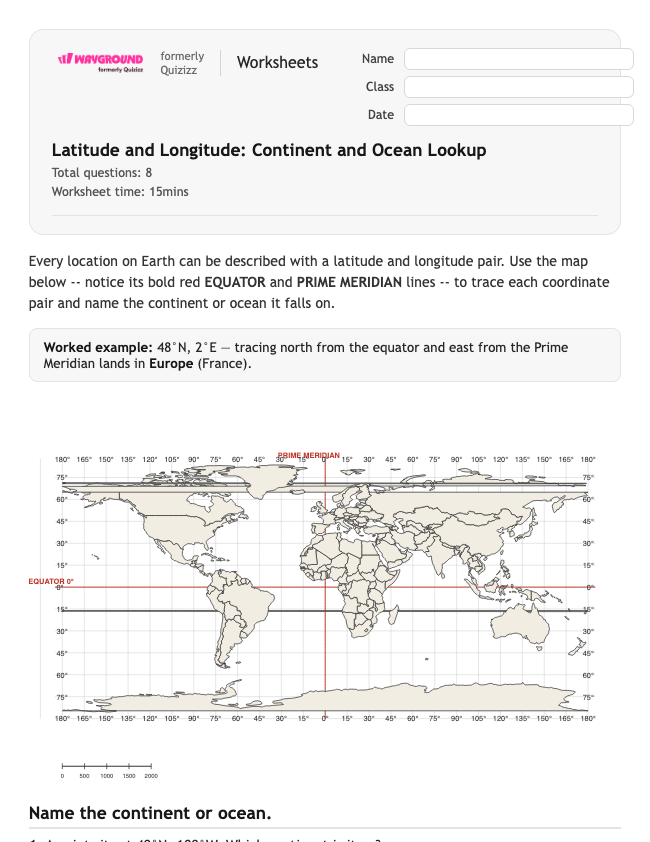 Latitude and Longitude: Continent and Ocean Lookup - Có thể in Vĩ-độ-và-kinh-độ Phiếu-bài-tập - Quizizz