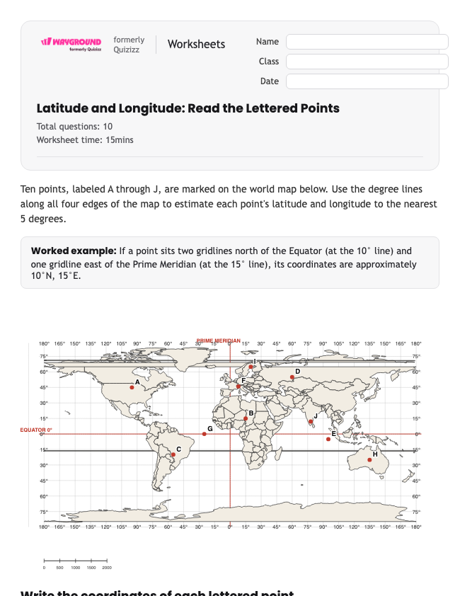 Latitude and Longitude: Read the Lettered Points - Có thể in Vĩ-độ-và-kinh-độ Phiếu-bài-tập - Quizizz