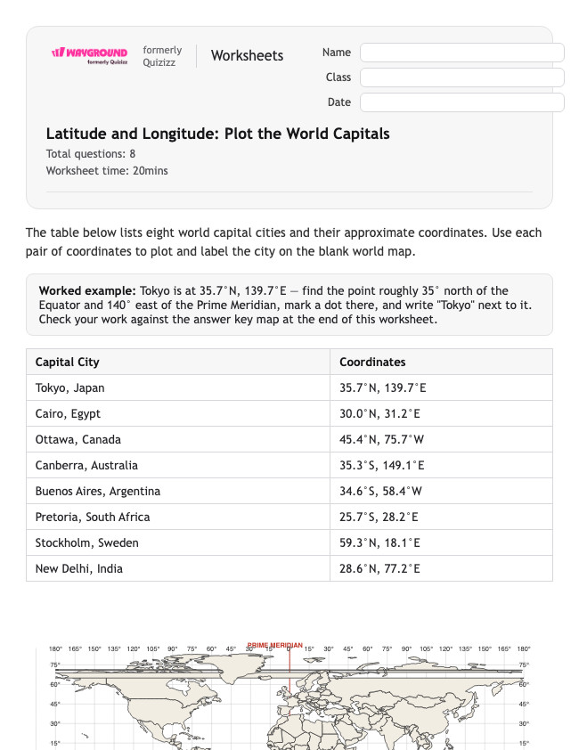 Latitude and Longitude: Plot the World Capitals - Có thể in Vĩ-độ-và-kinh-độ Phiếu-bài-tập - Quizizz