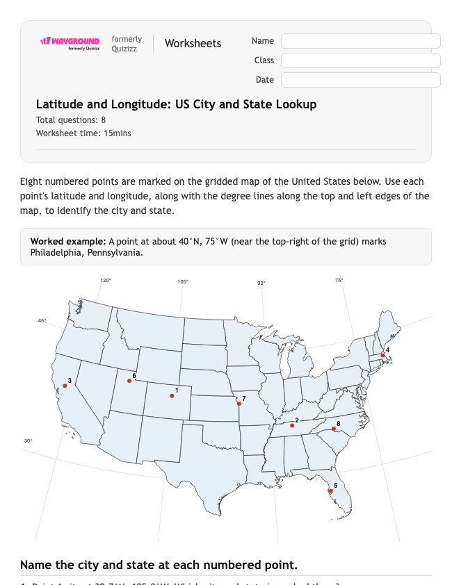Latitude and Longitude: US City and State Lookup - Có thể in Vĩ-độ-và-kinh-độ Phiếu-bài-tập - Quizizz