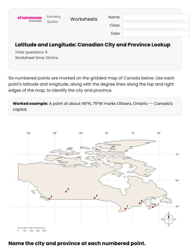 Latitude and Longitude: Canadian City and Province Lookup - Có thể in Vĩ-độ-và-kinh-độ Phiếu-bài-tập - Quizizz