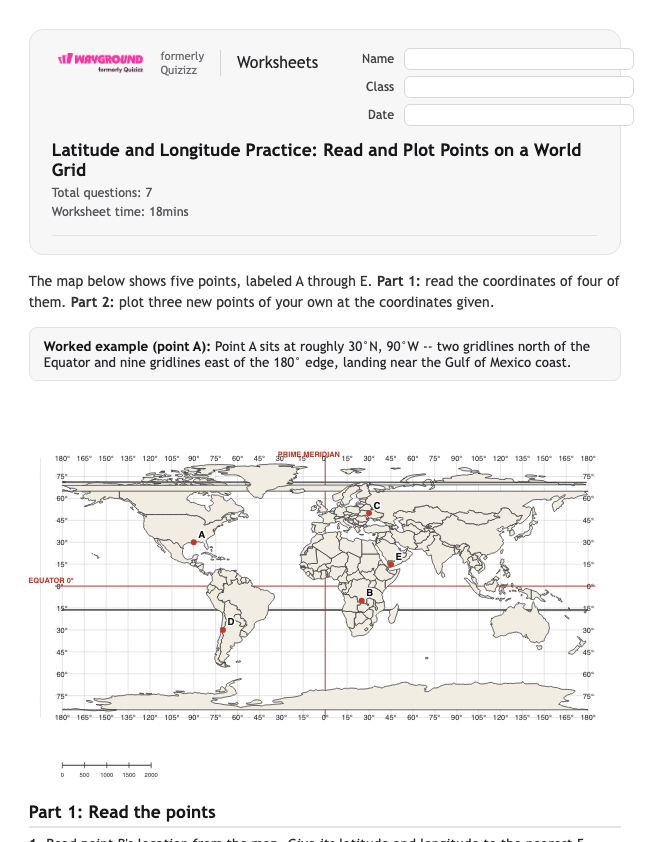Latitude and Longitude Practice: Read and Plot Points on a World Grid - Có thể in Vĩ-độ-và-kinh-độ Phiếu-bài-tập - Quizizz