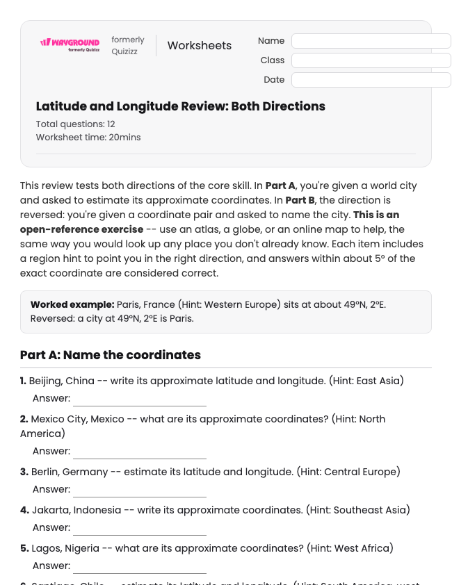 Latitude and Longitude Review: Both Directions - Có thể in Vĩ-độ-và-kinh-độ Phiếu-bài-tập - Quizizz