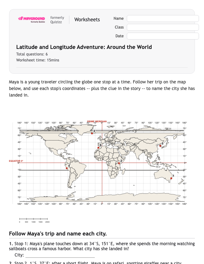 Latitude and Longitude Adventure: Around the World - Có thể in Vĩ-độ-và-kinh-độ Phiếu-bài-tập - Quizizz